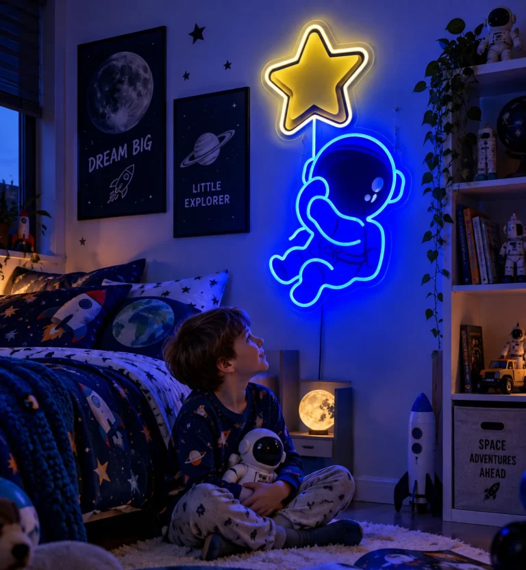 Neon LED astronauta z gwiazdką w aranżacji pokoju chłopca