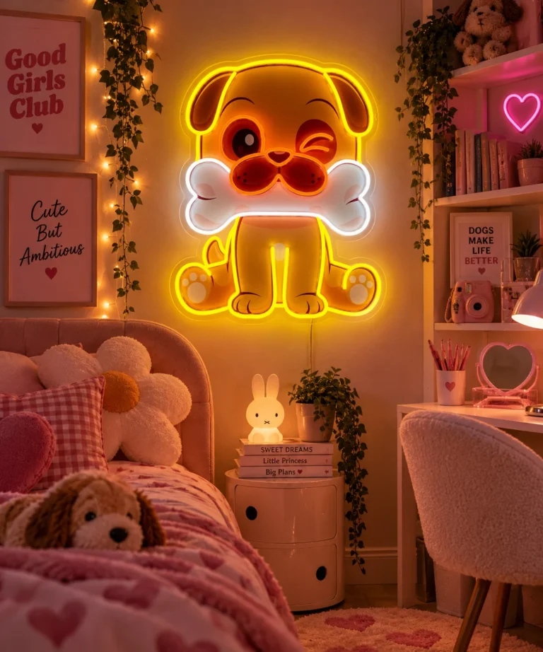 Neon LED w kształcie pieska nad łóżkiem w aranżacji pokoju dziecka