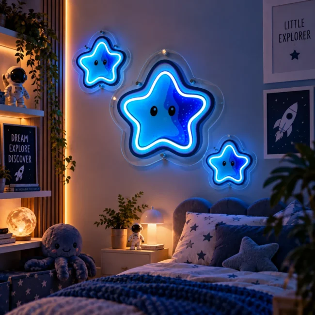 Neon LED gwiazdki do pokoju dziecka – zestaw trzech rozmiarów