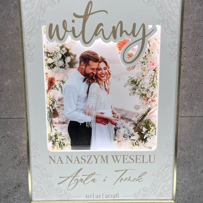 Podświetlana tablica ślubna LED z napisem Witamy